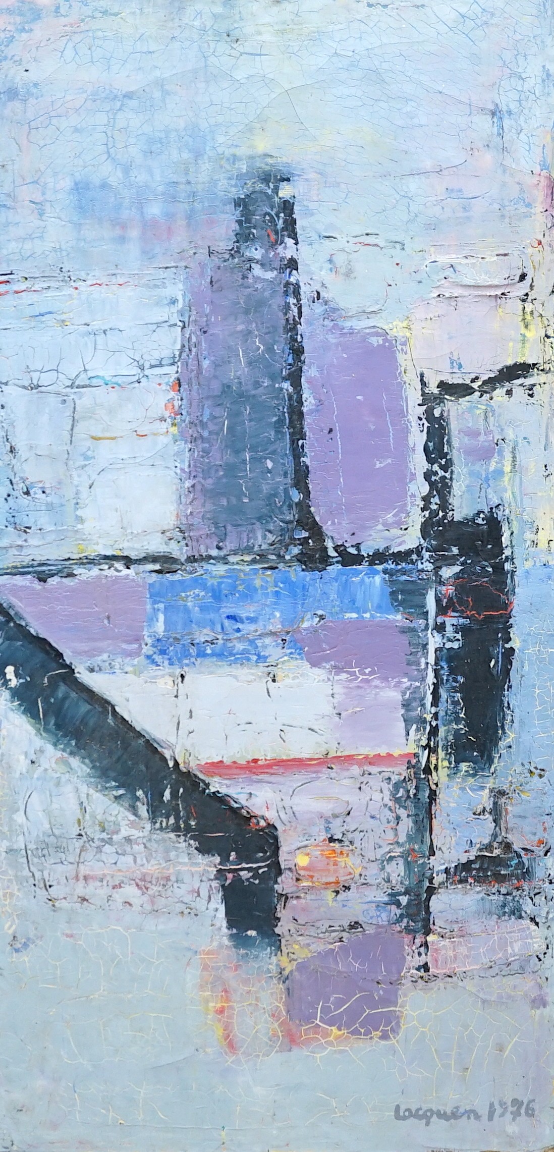 Modern British, oil on canvas, Abstract, signed Locquen and dated 1976, 80 x 40cm, unframed